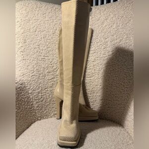 Vintage Browns Beige Snakesin Patterned over-the-knee Boots with High Block Heel